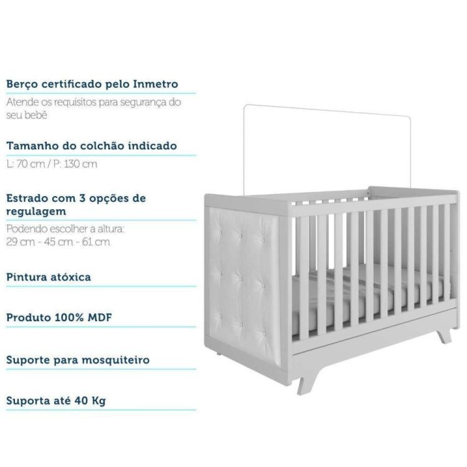 Encontraproduto.com.br - Quarto de Bebê com Cômoda 1 Porta 4 Gavetas e Berço com Capitonê Retrô Jolie Branco Brilho