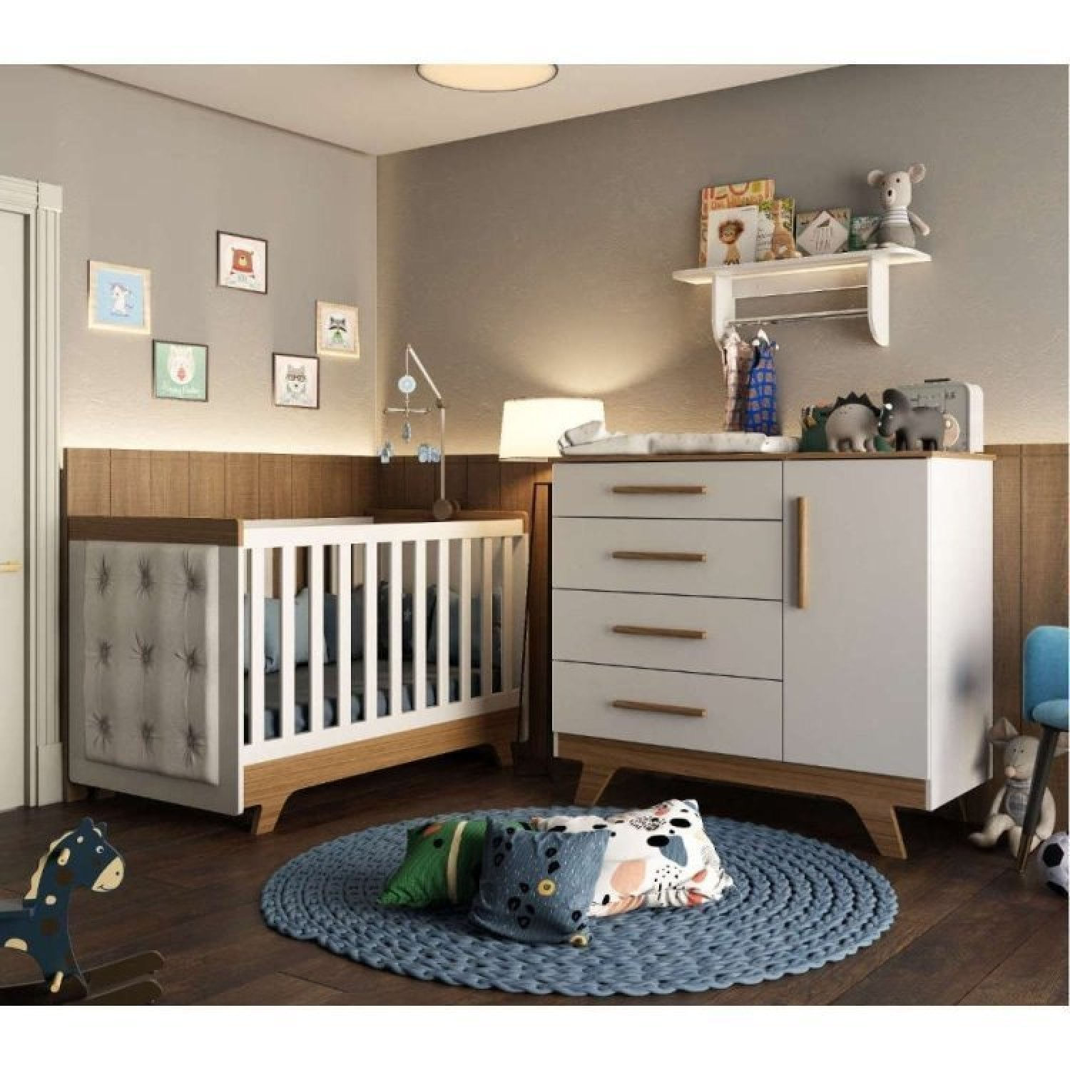 Encontraproduto.com.br - Quarto de Bebê com Cômoda de Bebê Berço com Capitonê e Prateleira Retrô Jolie Branco Brilho/Carvalho