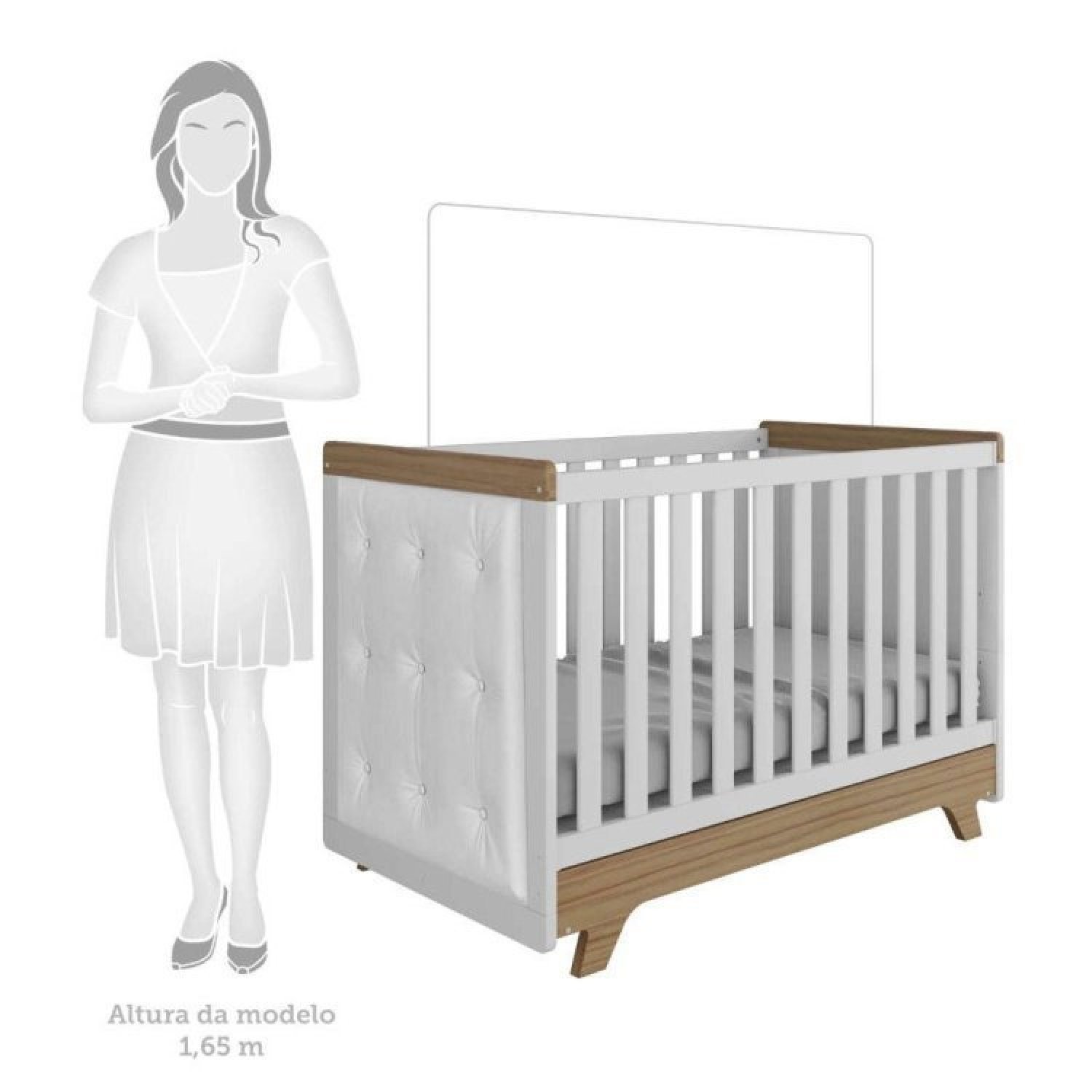 Encontraproduto.com.br - Quarto de Bebê com Cômoda de Bebê Berço com Capitonê e Prateleira Retrô Jolie Branco Brilho/Carvalho