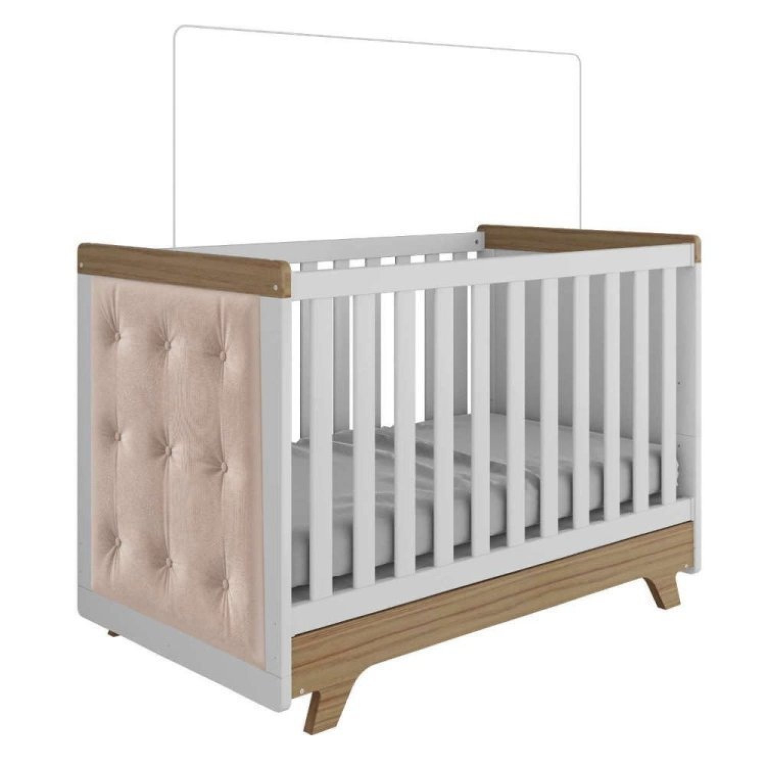 Encontraproduto.com.br - Quarto de Bebê com Cômoda de Bebê Berço com Capitonê e Prateleira Retrô Branco Brilho/Carvalho/Pena Areia