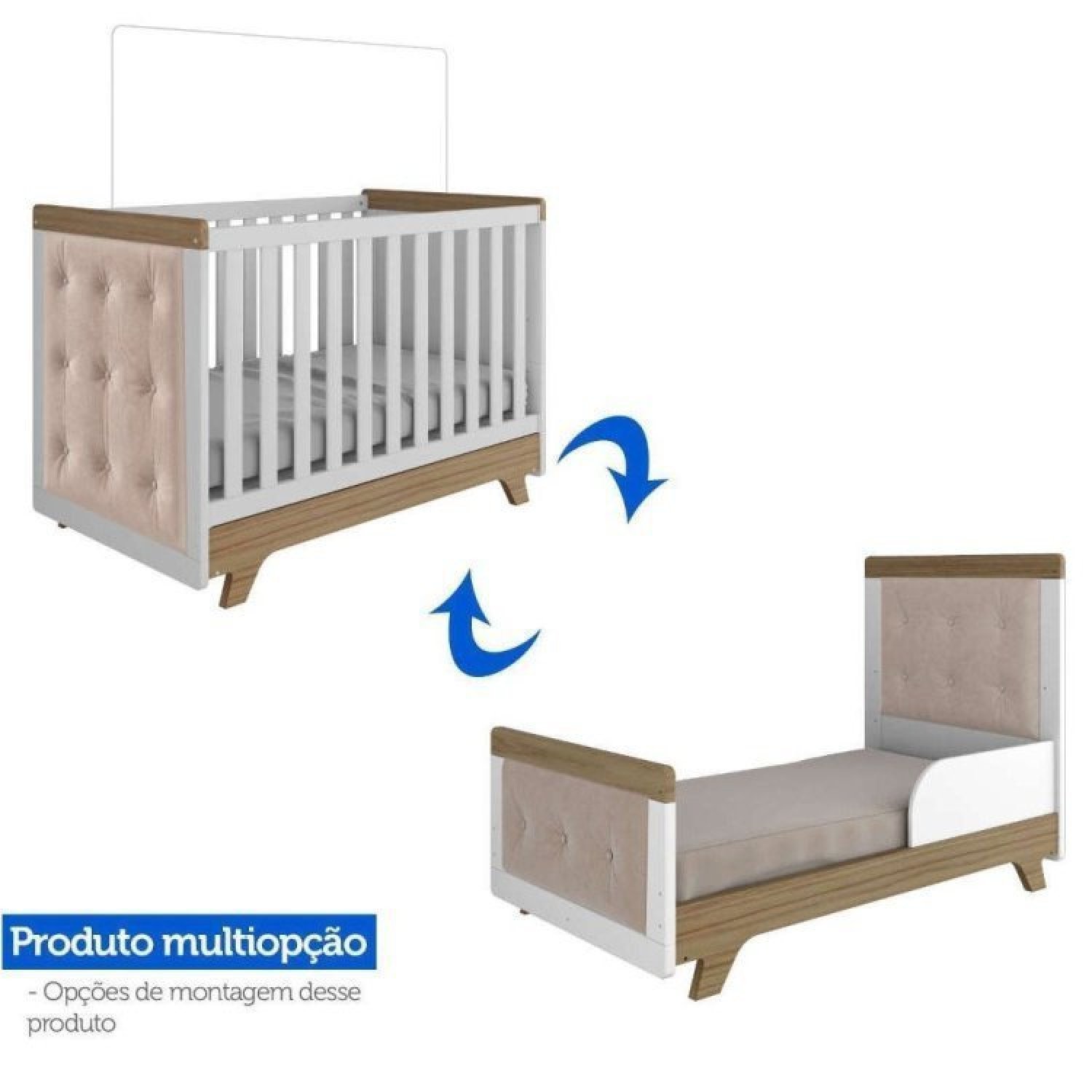 Encontraproduto.com.br - Quarto de Bebê com Cômoda de Bebê Berço com Capitonê e Prateleira Retrô Branco Brilho/Carvalho/Pena Areia