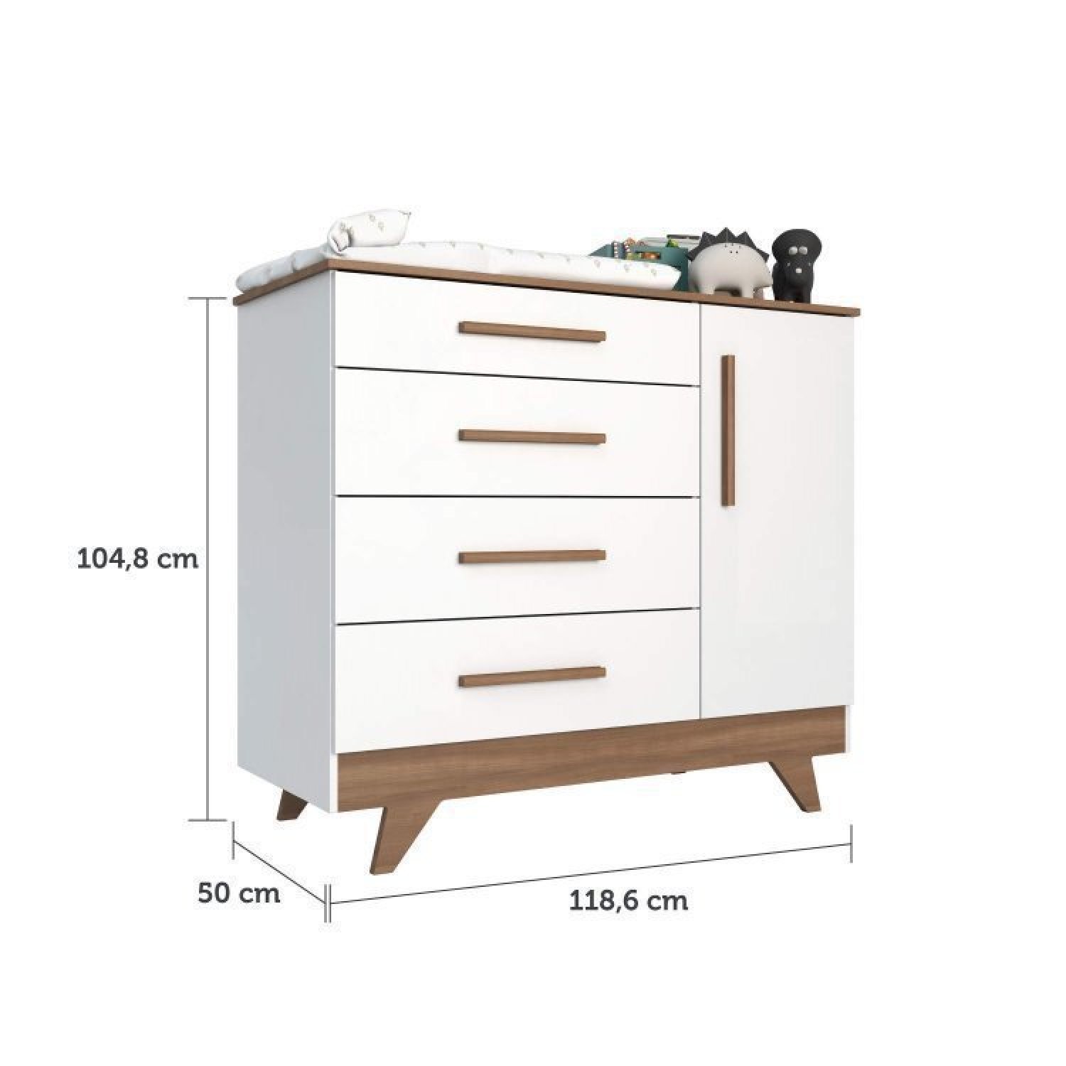 Encontraproduto.com.br - Quarto de Bebê com Cômoda de Bebê Berço com Capitonê e Prateleira Retrô Branco Brilho/Carvalho/Pena Areia