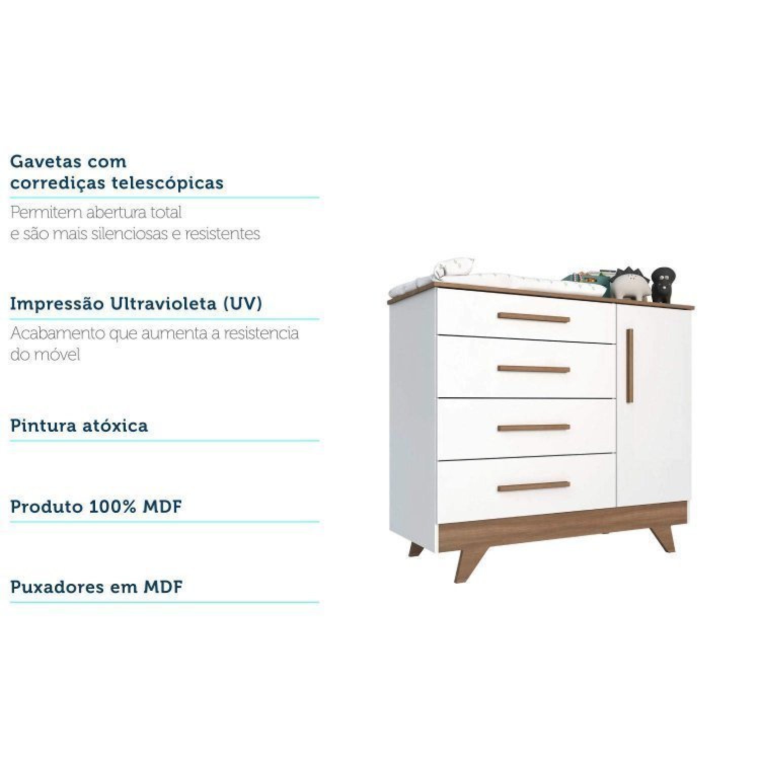 Encontraproduto.com.br - Quarto de Bebê com Cômoda de Bebê Berço com Capitonê e Prateleira Retrô Branco Brilho/Carvalho/Pena Areia