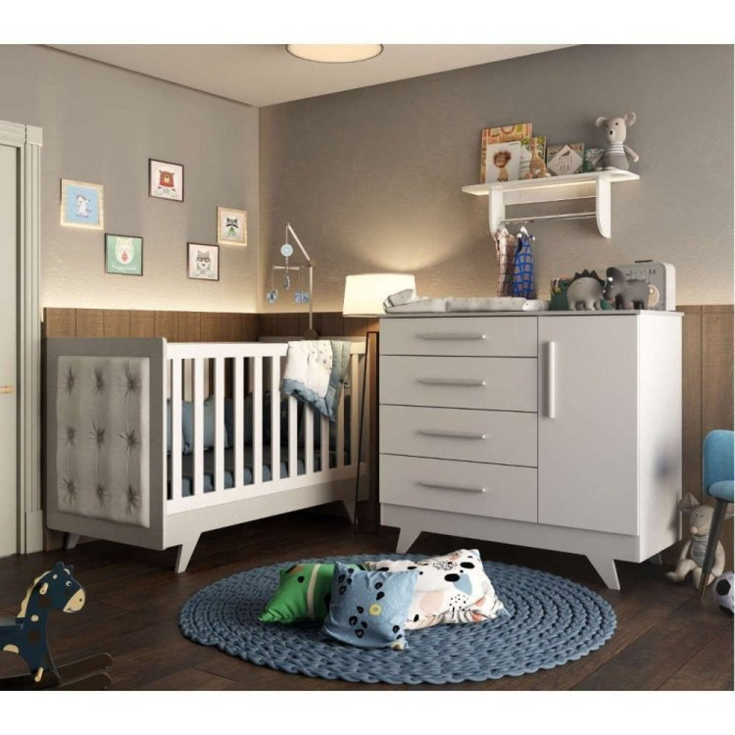 Quarto de Bebê com Cômoda de Bebê Berço com Capitone e Prateleira Retrô Jolie Branco Brilho/Cinza