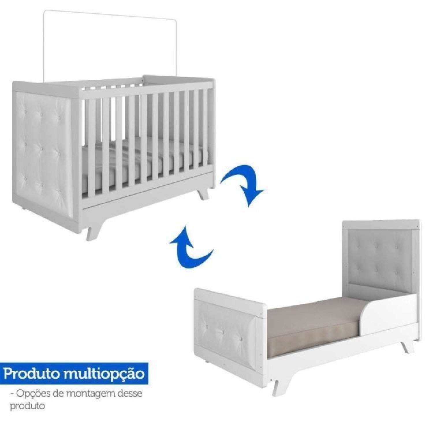 Encontraproduto.com.br - Quarto de Bebê com Cômoda de Bebê e Berço com Capitonê e Prateleira Retrô Jolie Branco Brilho