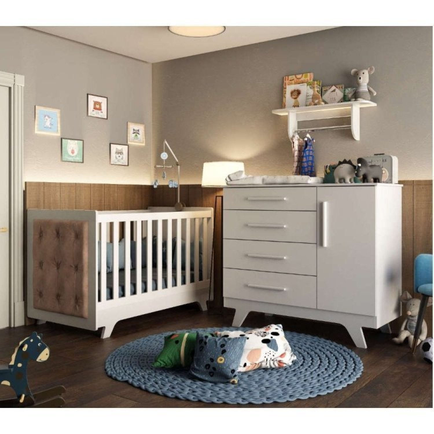 Encontraproduto.com.br - Quarto de Bebê com Cômoda de Bebê Berço com Capitonê e Prateleira Retrô  Jolie Branco Brilho/Pena Areia