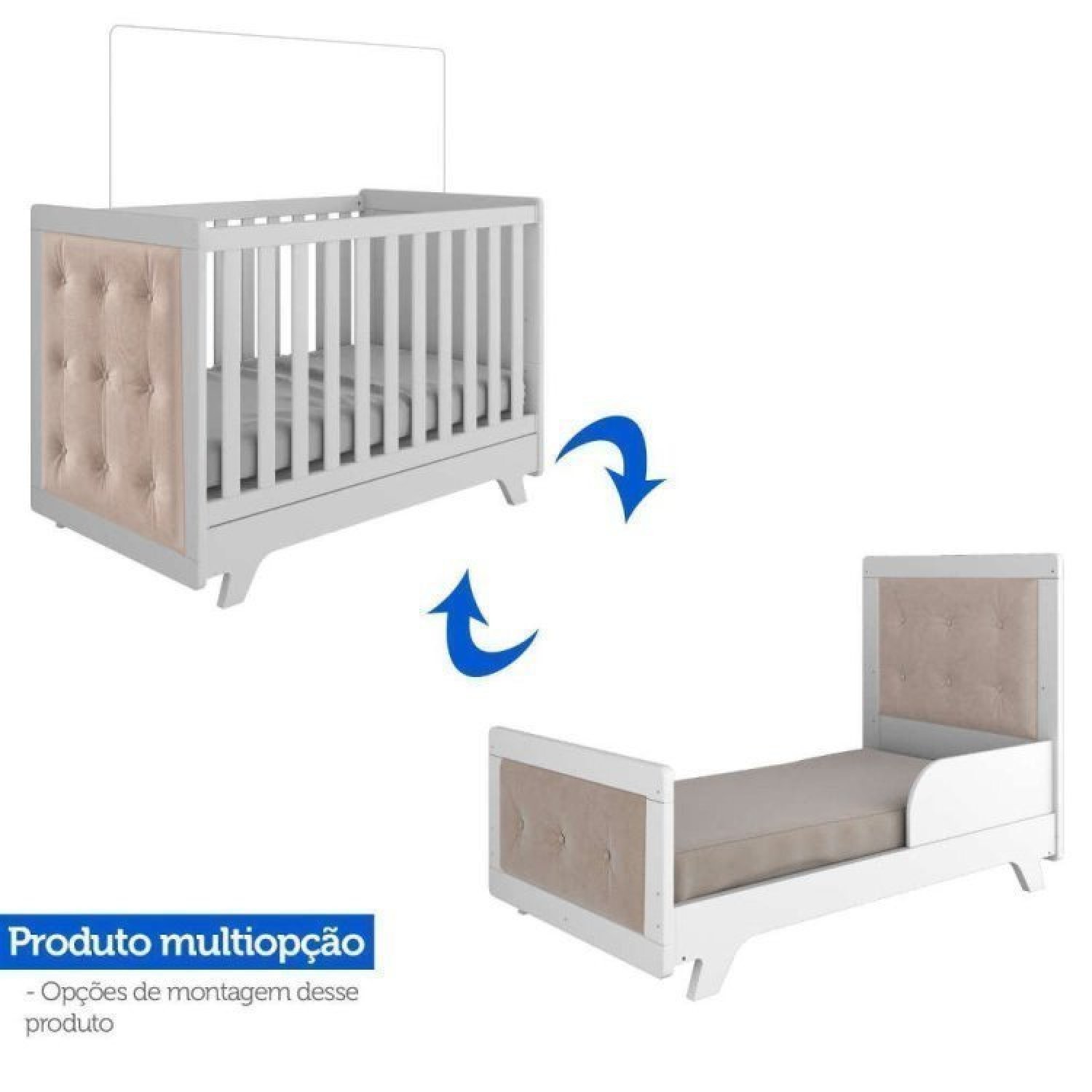 Encontraproduto.com.br - Quarto de Bebê com Cômoda de Bebê Berço com Capitonê e Prateleira Retrô  Jolie Branco Brilho/Pena Areia