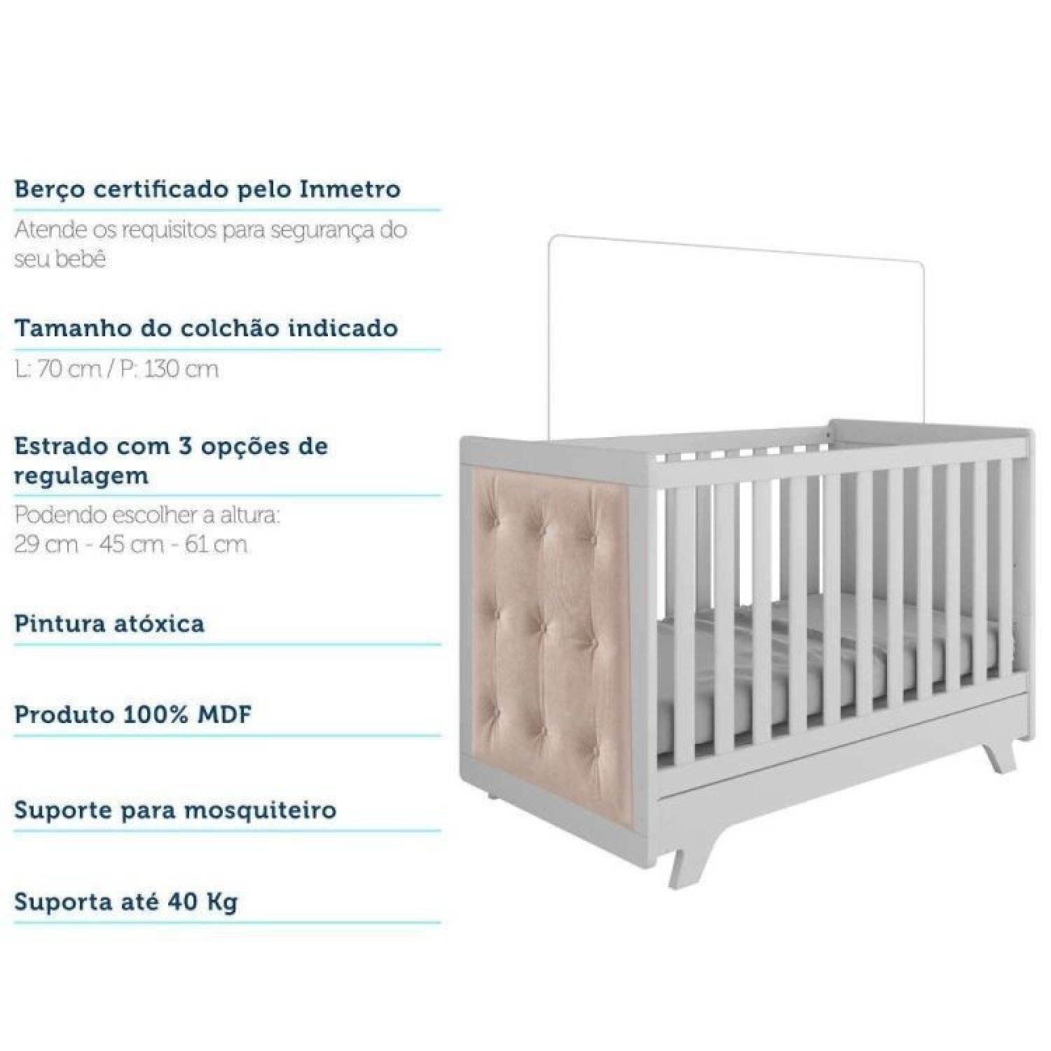 Encontraproduto.com.br - Quarto de Bebê com Cômoda de Bebê Berço com Capitonê e Prateleira Retrô  Jolie Branco Brilho/Pena Areia