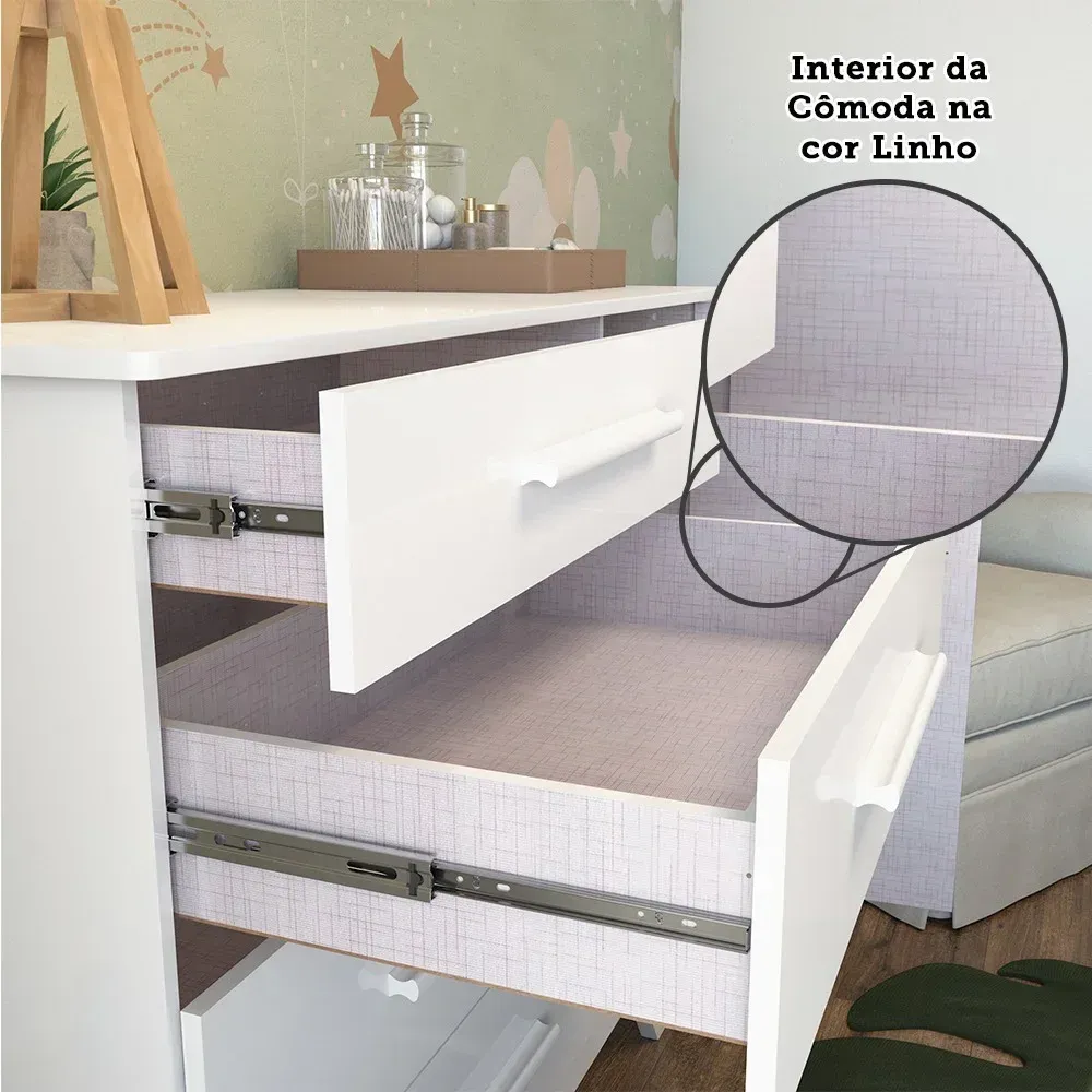Encontraproduto.com.br - Quarto de Bebê com Cômoda de Bebê Berço com Capitonê e Prateleira Retrô  Jolie Branco Brilho/Pena Areia