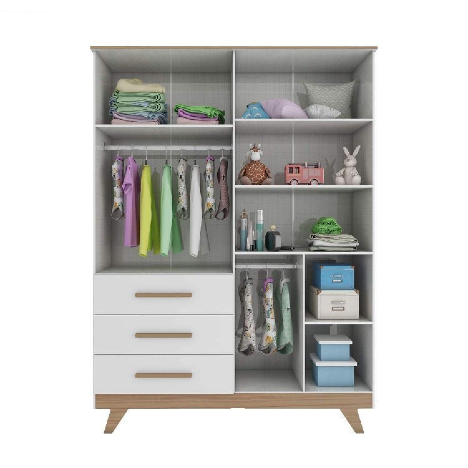 Encontraproduto.com.br - Quarto de Bebê Completo com Berço e Guarda Roupa 100% MDF Jolie Retrô Branco Brilho/Carvalho