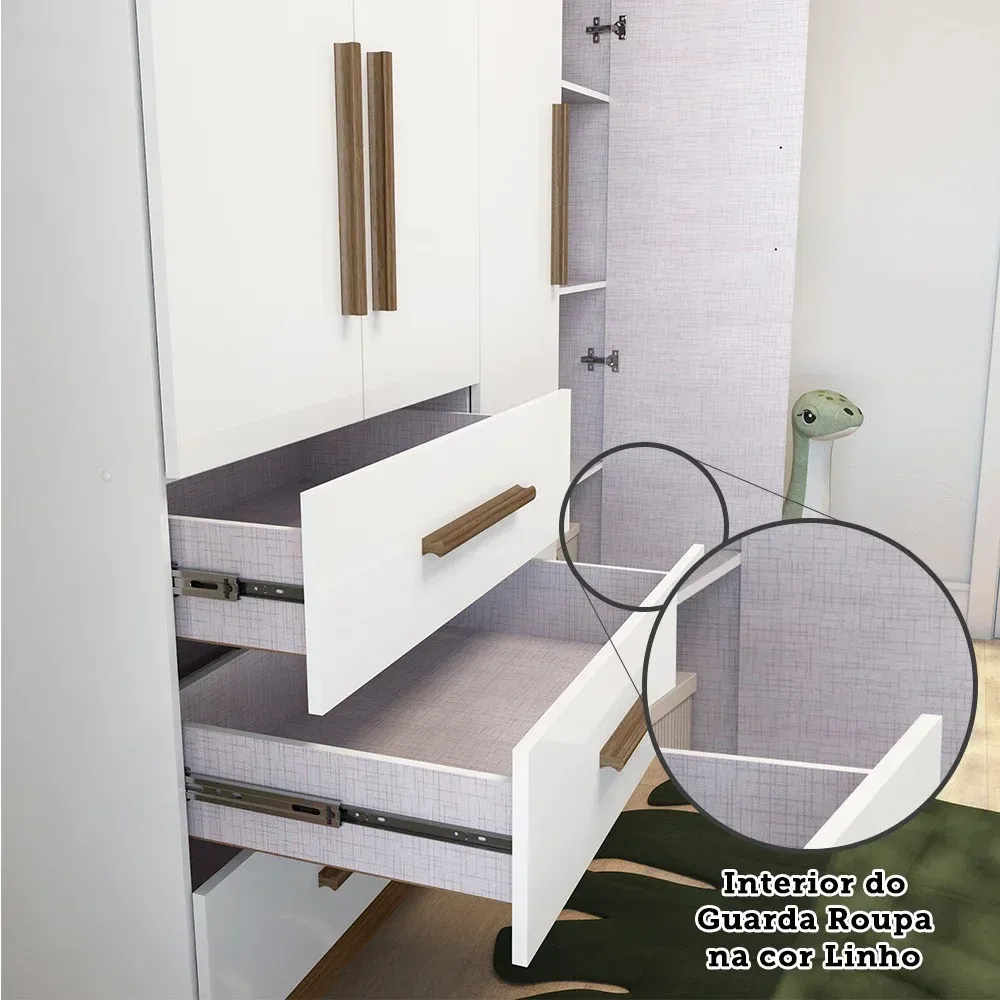 Encontraproduto.com.br - Quarto de Bebê Completo com Berço e Guarda Roupa 100% MDF Jolie Retrô Branco Brilho/Carvalho