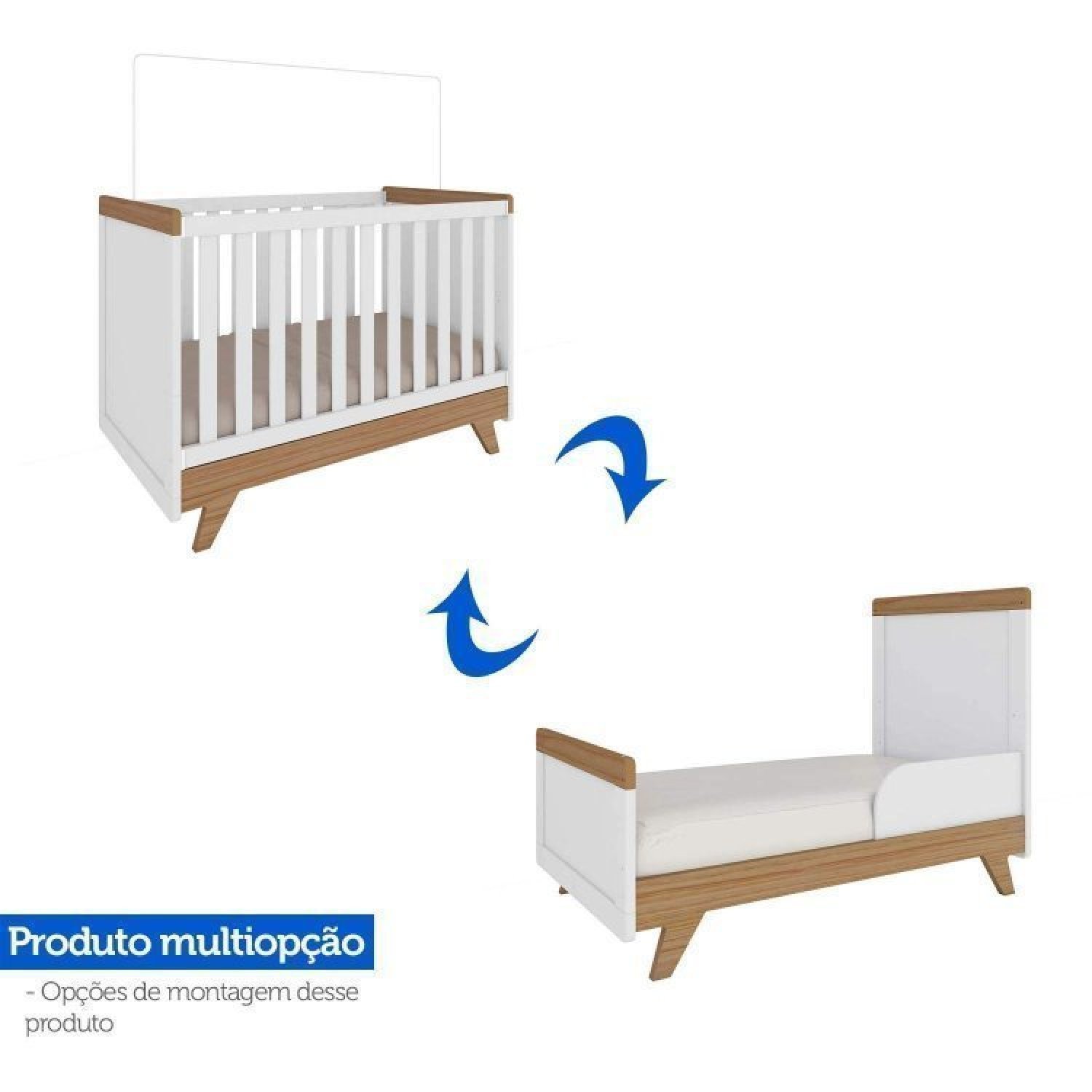 Encontraproduto.com.br - Conjunto para Quarto de Bebê com Guarda Roupa 4 Portas e Berço Retrô Branco Brilho/Carvalho