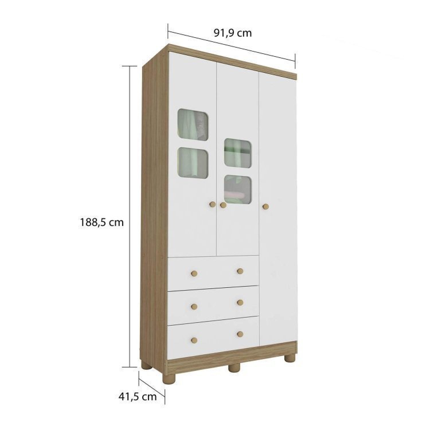 Encontraproduto.com.br - Quarto de Bebê com Guarda Roupa 3 Portas com Janela Berço Americano e Cômoda Uli Branco Brilho/Carvalho