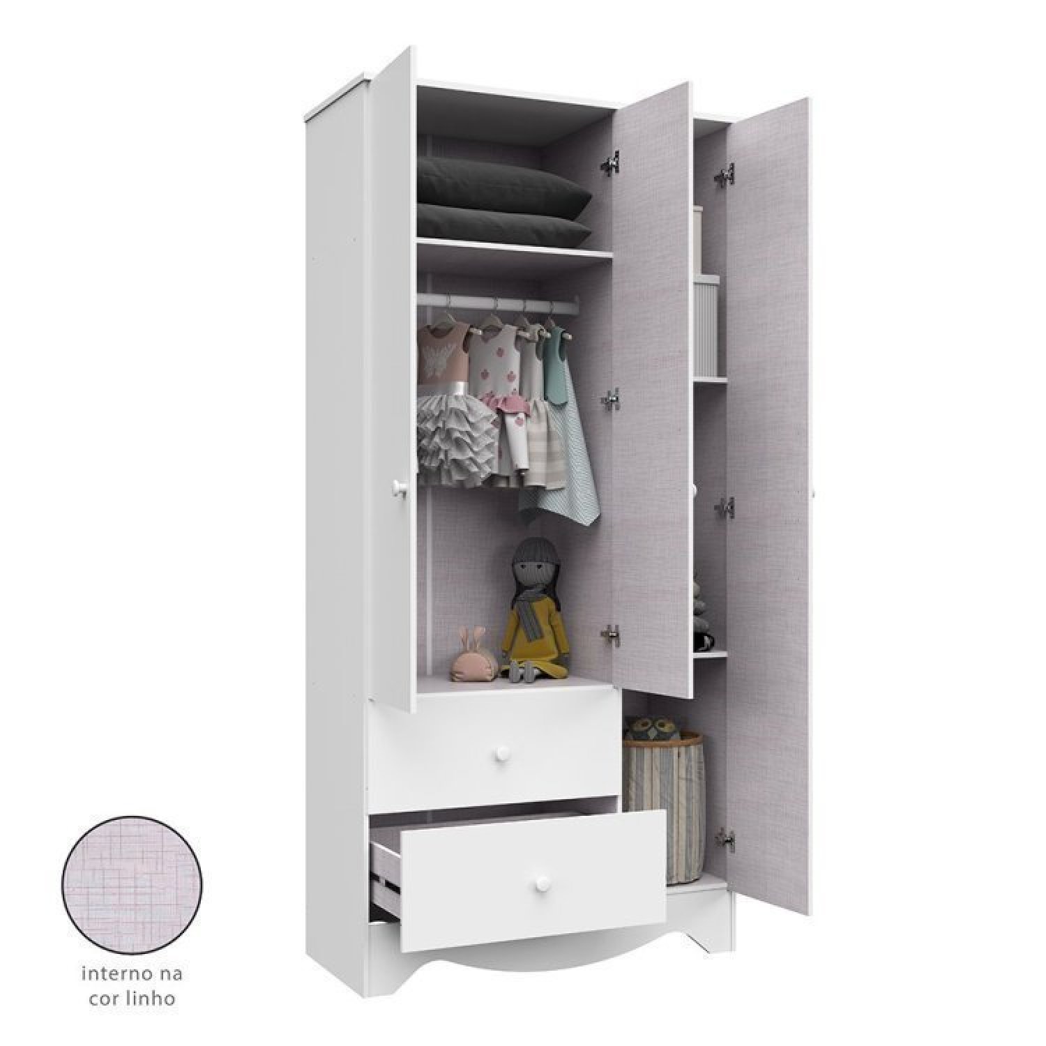 Encontraproduto.com.br - Quarto de Bebê com Cômoda 3 Gavetas e Guarda Roupa 3 Portas Adoletá Espresso Móveis Branco Brilho