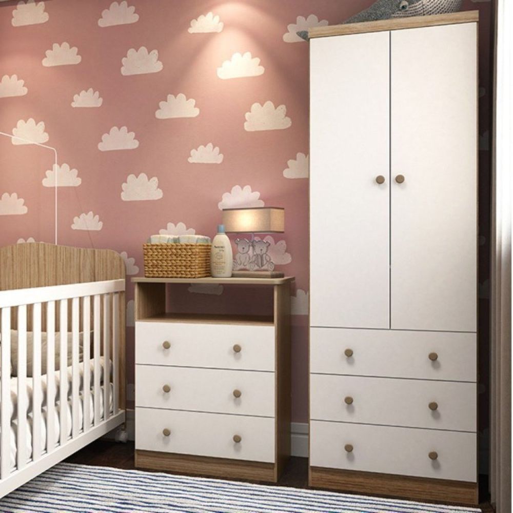 Quarto Infantil+Guarda Roupas 2pts 3gvts Branco/Carvalho