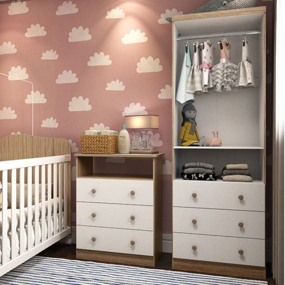 Encontraproduto.com.br - Quarto Infantil+Guarda Roupas 2pts 3gvts Branco/Carvalho