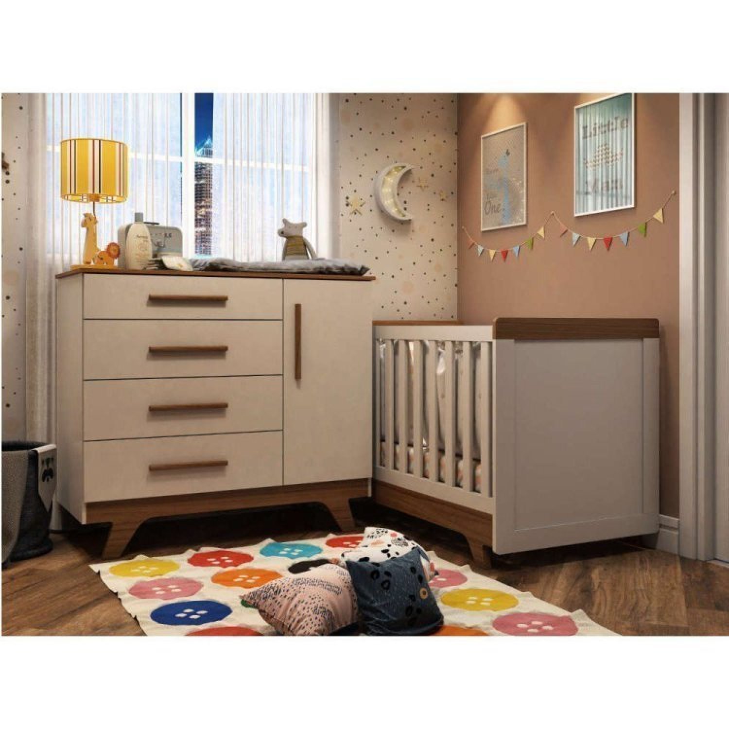 Conjunto para Quarto de Bebê com Cômoda e Berço Retrô Branco Brilho/Carvalho