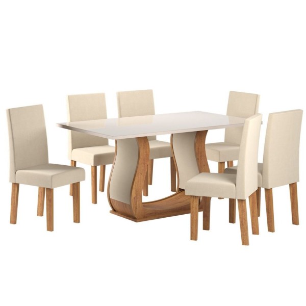 Encontraproduto.com.br - Conjunto Sala De Jantar Mesa Livia 160x80cm Tampo Vidro/mdf Com 6 Cadeiras Venus Viero Móveis Mel/off White/bege