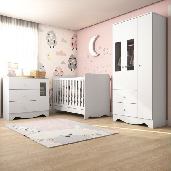 Encontraproduto.com.br - Quarto De Bebê Completo Com Guarda Roupa E Cômoda Com Janelas E Berço Americano Ben Móveis Peroba Branco Brilho