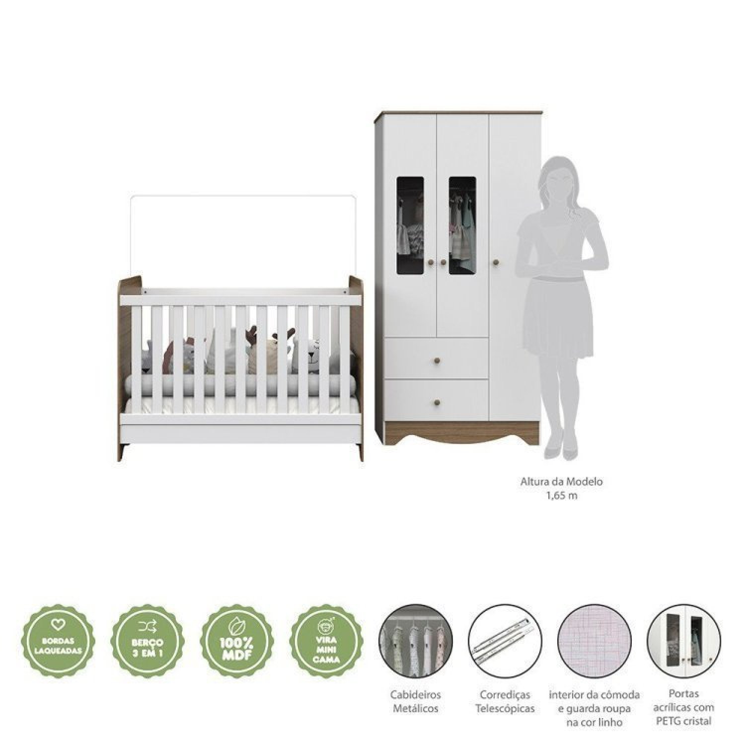 Encontraproduto.com.br - Quarto De Bebê Com Berço Americano 3 Em 1 E Guarda Roupa 3 Portas Com Janela Ben Móveis Peroba Branco Brilho/carvalho