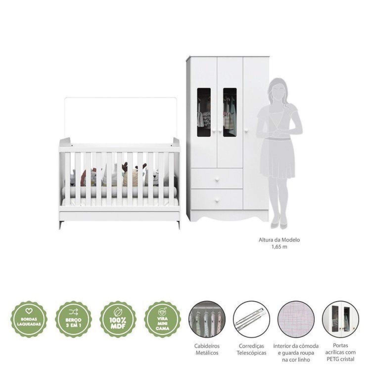 Encontraproduto.com.br - Quarto De Bebê Com Berço Americano 3 Em 1 E Guarda Roupa 3 Portas Com Janela Ben Móveis Peroba Branco Brilho