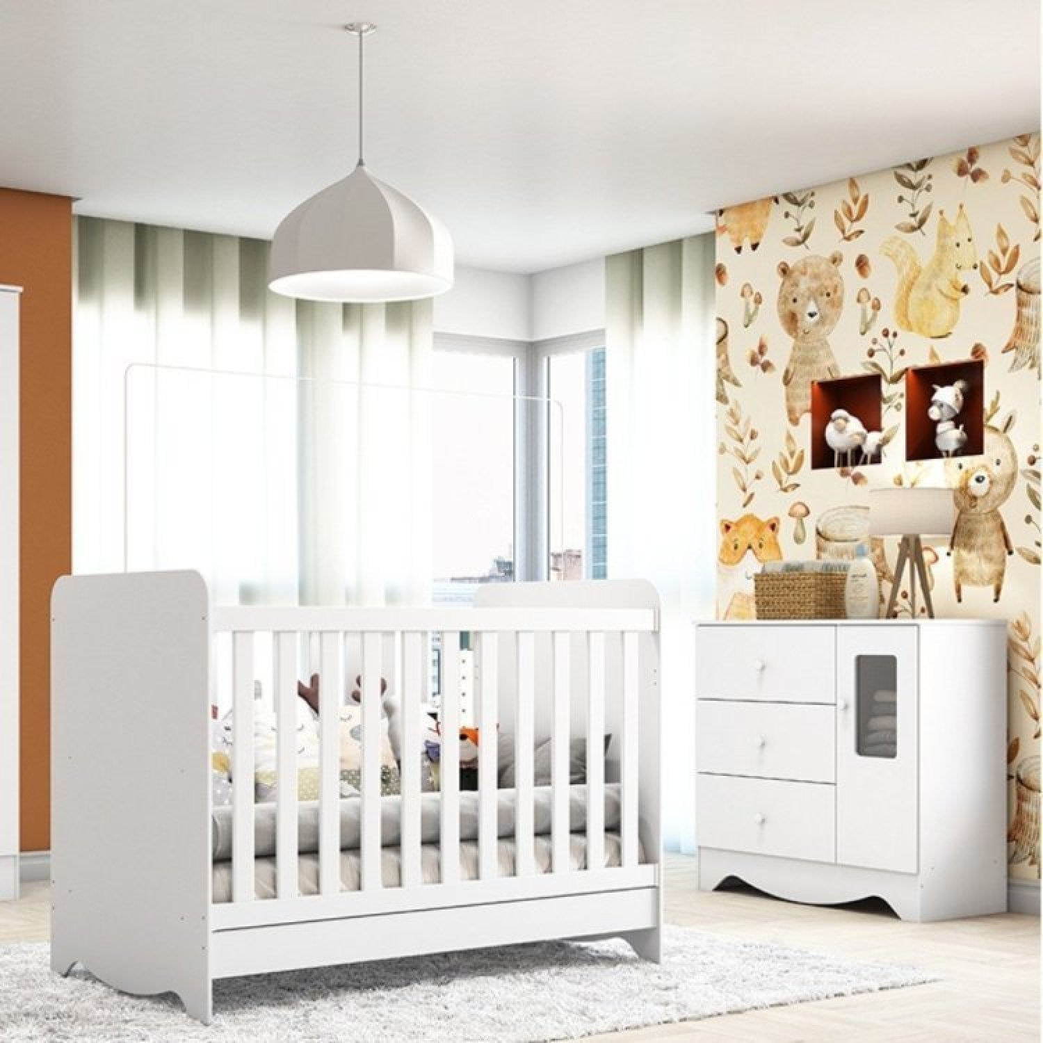 Encontraproduto.com.br - Quarto de Bebê com Berço Americano 3 em 1 e Cômoda 1 Porta com Janela Pirueta Espresso Móveis Branco Brilho