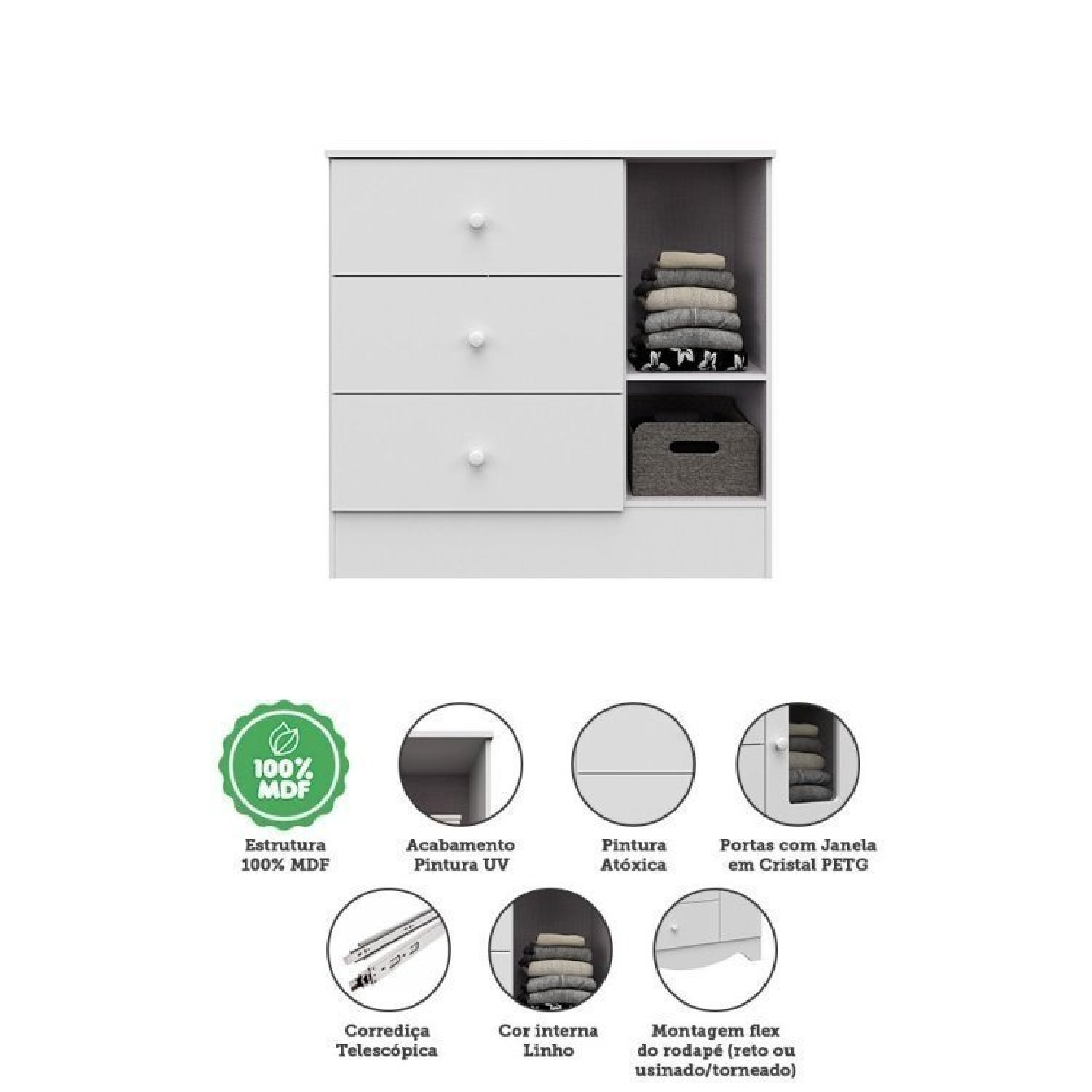 Encontraproduto.com.br - Quarto de Bebê com Berço Americano 3 em 1 e Cômoda 1 Porta com Janela Pirueta Espresso Móveis Branco Brilho