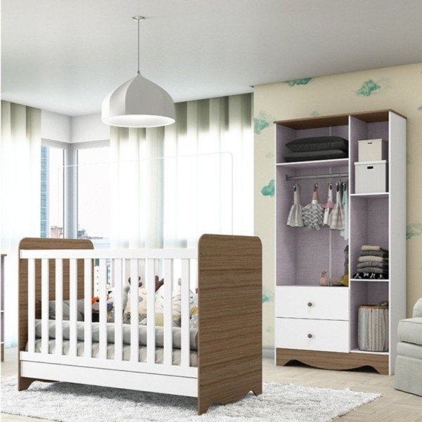Encontraproduto.com.br - Quarto de Bebê com Berço Americano 3 em 1 e Guarda Roupa 3 Portas com Janela Pirueta Espresso Móveis Branco Brilho/Carvalho