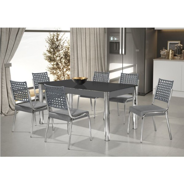 Conjunto Sala De Jantar Mesa Natani 160x90cm Com 6 Cadeiras Natani Junco Aço Nobre Móveis Cinza/preto/cromado