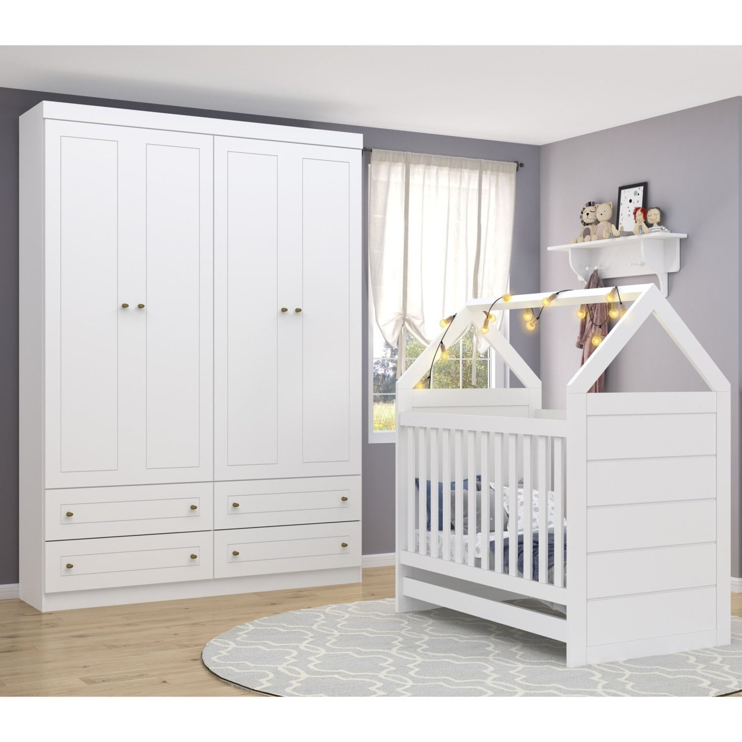 Quarto de Bebê Completo com Berço e Guarda Roupa Nova York Espresso Móveis Branco HP