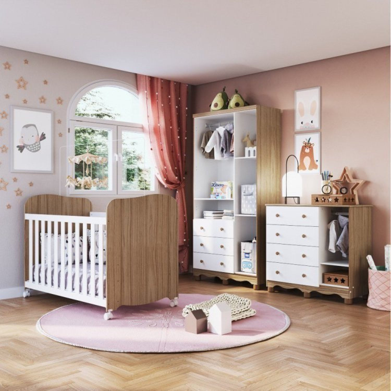 Encontraproduto.com.br - Quarto de Bebê Completo com Guarda Roupa 3 Portas Cômoda com Janela e 1 Berço Mimo Espresso Móveis Branco Brilho/Carvalho