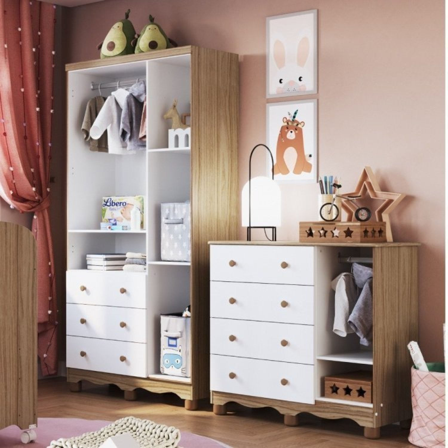 Encontraproduto.com.br - Quarto Infantil com Guarda Roupa 3 Portas 3 Gavetas e Cômoda 1 Porta 4 Gavetas Mimo Espresso Móveis Branco Brilho/Carvalho