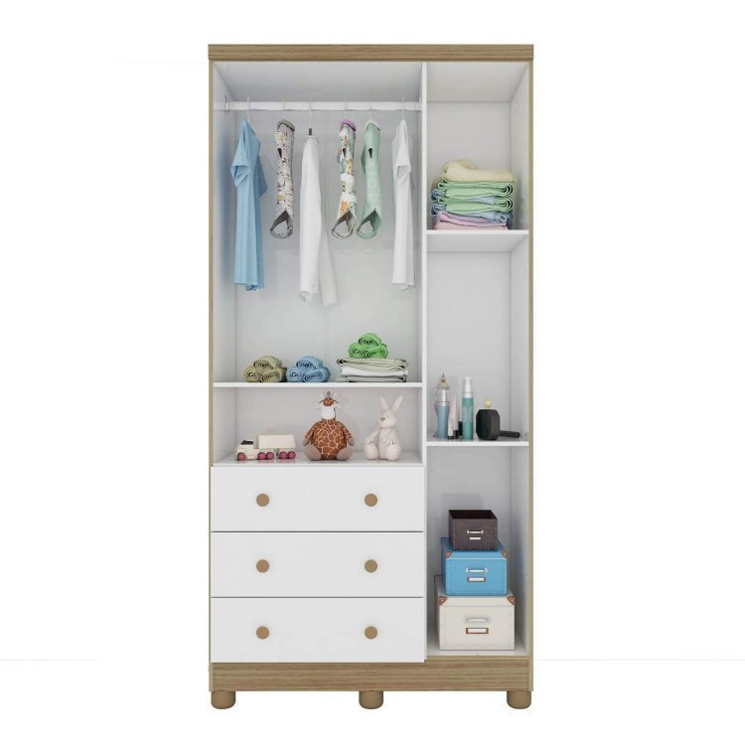 Encontraproduto.com.br - Quarto Infantil com Guarda Roupa 3 Portas 3 Gavetas e Cômoda 1 Porta 4 Gavetas Mimo Espresso Móveis Branco Brilho/Carvalho