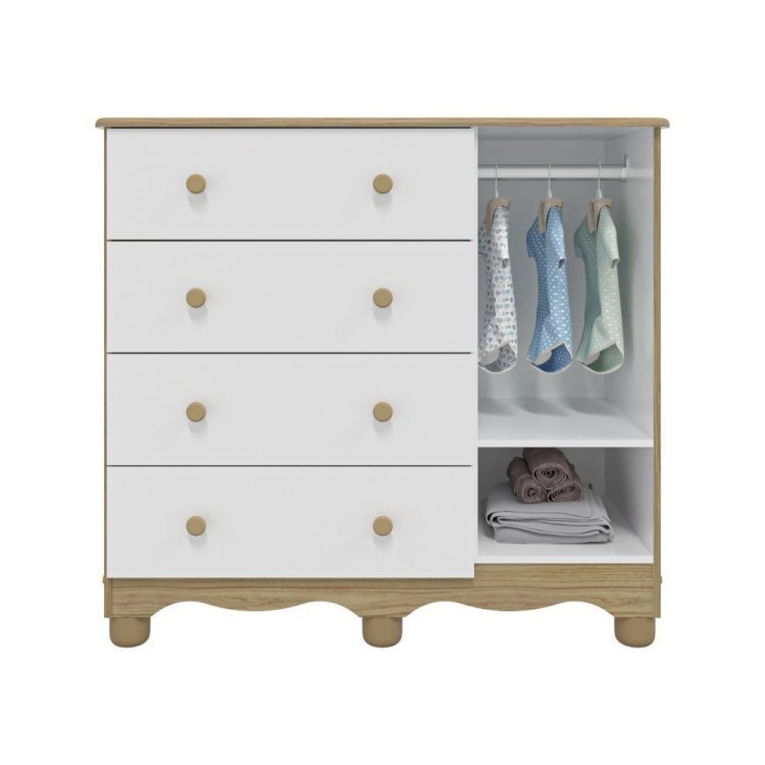 Encontraproduto.com.br - Quarto Infantil com Guarda Roupa 3 Portas 3 Gavetas e Cômoda 1 Porta 4 Gavetas Mimo Espresso Móveis Branco Brilho/Carvalho