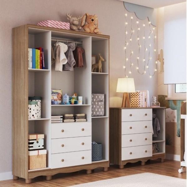 Encontraproduto.com.br - Quarto Infantil com Guarda Roupa 4 Portas e Cômoda 1 Porta com Janela Mimo Espresso Móveis Branco Brilho/Carvalho