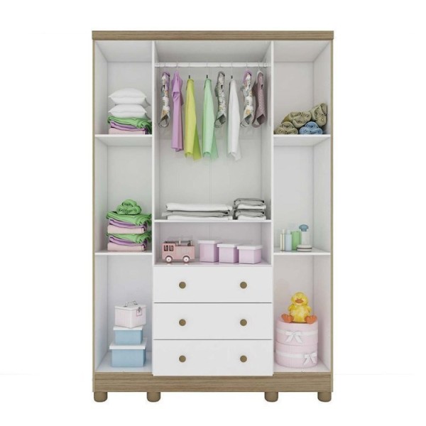 Encontraproduto.com.br - Quarto Infantil com Guarda Roupa 4 Portas e Cômoda 1 Porta com Janela Mimo Espresso Móveis Branco Brilho/Carvalho