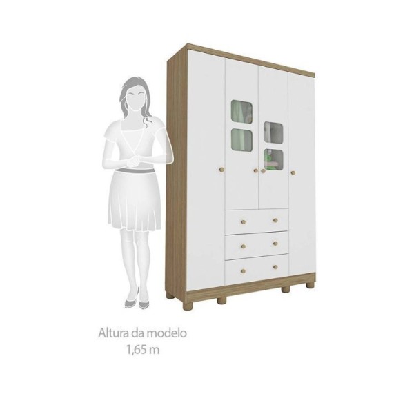Encontraproduto.com.br - Quarto Infantil com Guarda Roupa 4 Portas e Cômoda 1 Porta com Janela Mimo Espresso Móveis Branco Brilho/Carvalho
