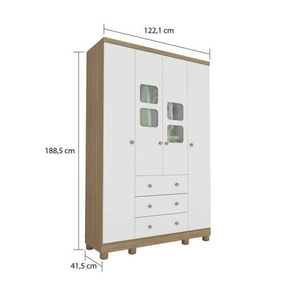 Encontraproduto.com.br - Quarto Infantil com Guarda Roupa 4 Portas e Cômoda 1 Porta com Janela Mimo Espresso Móveis Branco Brilho/Carvalho