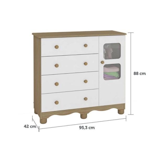Encontraproduto.com.br - Quarto Infantil com Guarda Roupa 4 Portas e Cômoda 1 Porta com Janela Mimo Espresso Móveis Branco Brilho/Carvalho