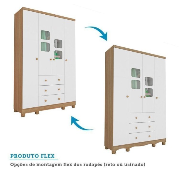 Encontraproduto.com.br - Quarto Infantil com Guarda Roupa 4 Portas e Cômoda 1 Porta com Janela Mimo Espresso Móveis Branco Brilho/Carvalho