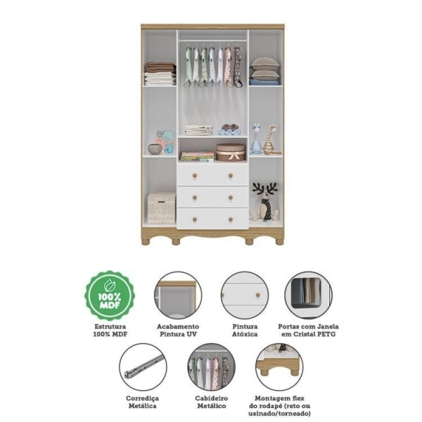 Encontraproduto.com.br - Quarto Infantil com Guarda Roupa 4 Portas e Cômoda 1 Porta com Janela Mimo Espresso Móveis Branco Brilho/Carvalho