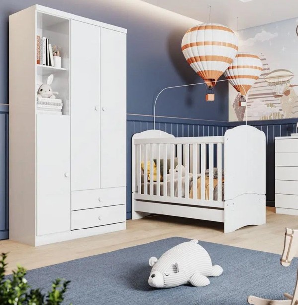 Encontraproduto.com.br - Quarto de Bebê Compacto com Berço e Guarda Roupa Lápis de Cor Espresso Móveis Branco e Branco/Rosa Chá