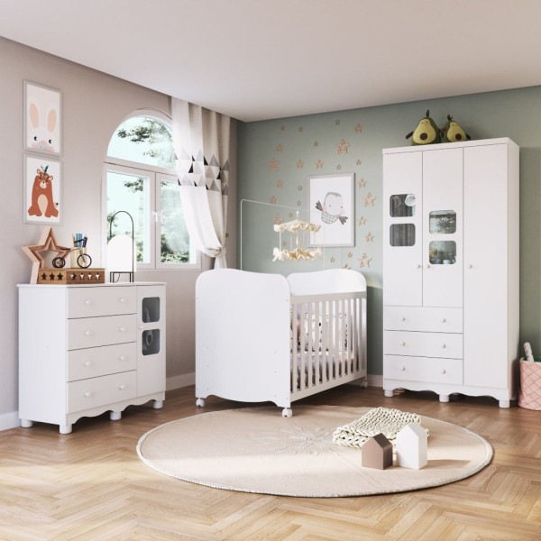 Encontraproduto.com.br - Quarto de Bebê Completo com Guarda Roupa 3 Portas com Janelas Cômoda e Berço 100% MDF Mimo Espresso Móveis Branco Brilho