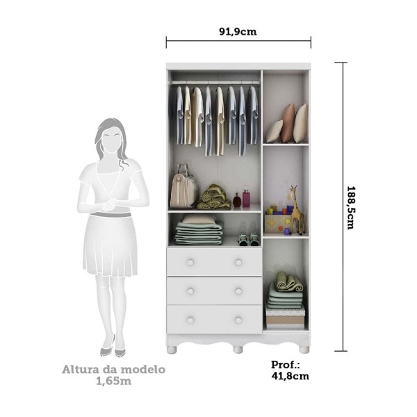 Encontraproduto.com.br - Quarto de Bebê Completo com Guarda Roupa 3 Portas com Janelas Cômoda e Berço 100% MDF Mimo Espresso Móveis Branco Brilho