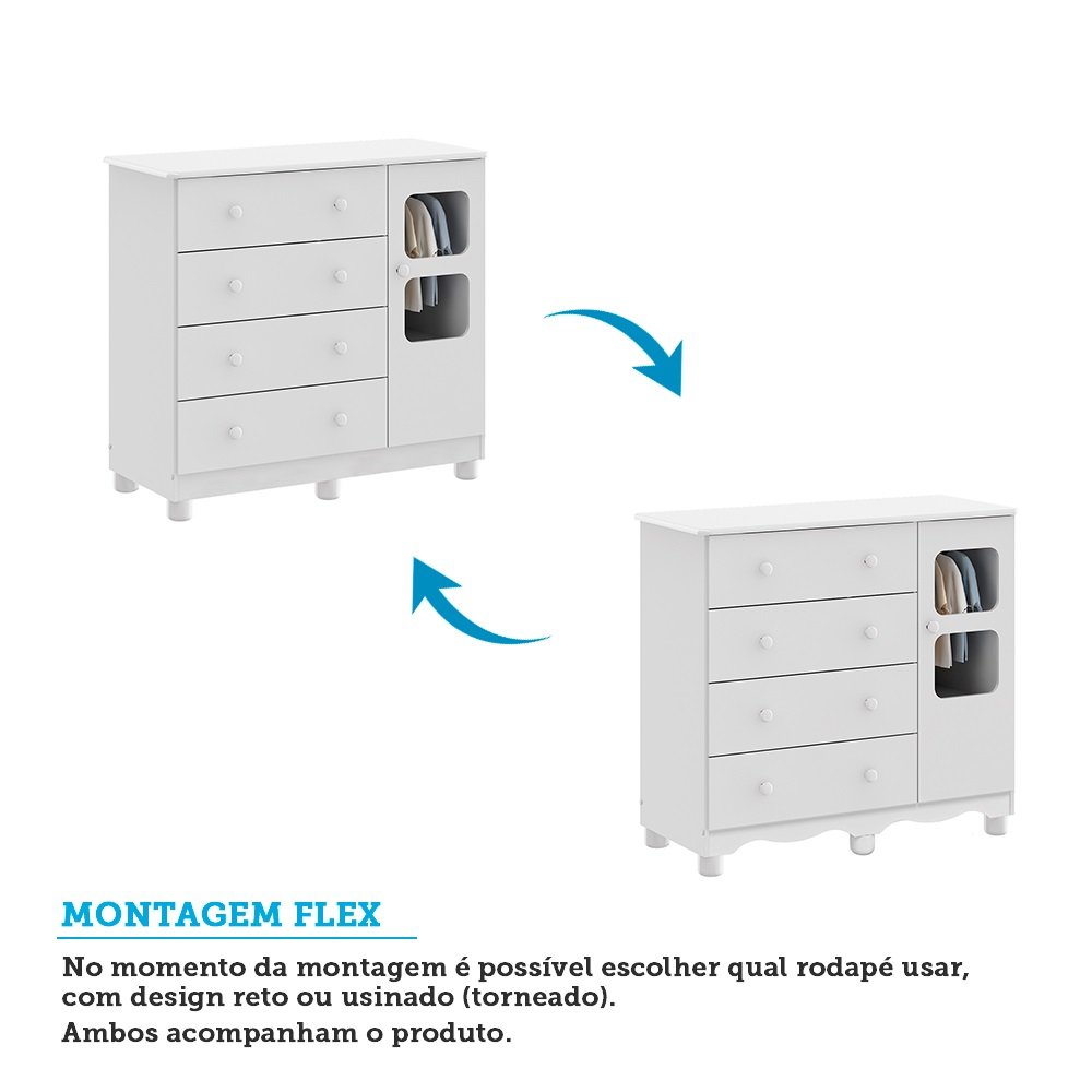 Encontraproduto.com.br - Quarto de Bebê Completo com Guarda Roupa 3 Portas com Janelas Cômoda e Berço 100% MDF Mimo Espresso Móveis Branco Brilho