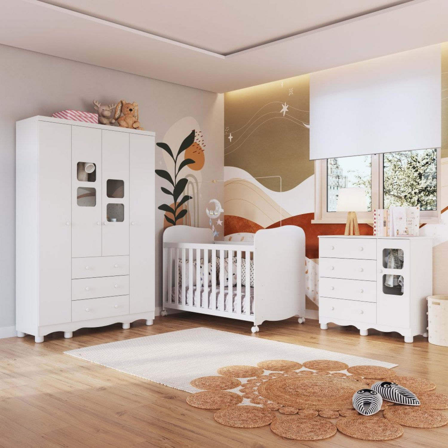 Encontraproduto.com.br - Quarto de Bebê Completo com Guarda Roupa 4 Portas com Janelas Cômoda e Berço 100% MDF Mimo Espresso Móveis Branco Brilho