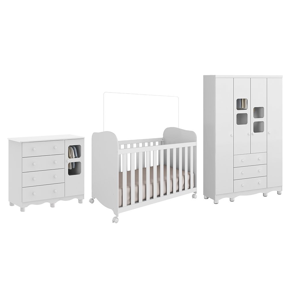 Encontraproduto.com.br - Quarto de Bebê Completo com Guarda Roupa 4 Portas com Janelas Cômoda e Berço 100% MDF Mimo Espresso Móveis Branco Brilho