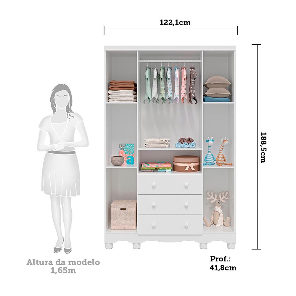 Encontraproduto.com.br - Quarto de Bebê Completo com Guarda Roupa 4 Portas com Janelas Cômoda e Berço 100% MDF Mimo Espresso Móveis Branco Brilho