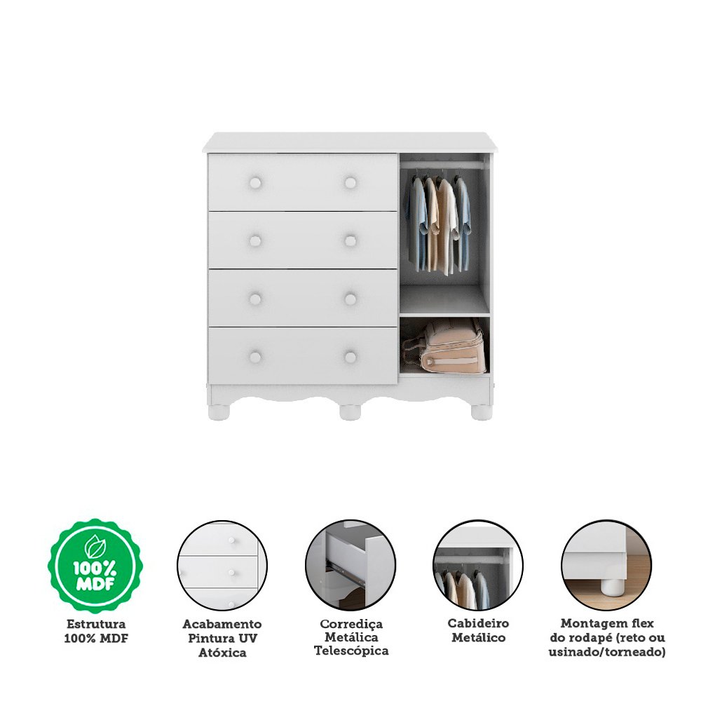 Encontraproduto.com.br - Quarto de Bebê Completo com Guarda Roupa 4 Portas com Janelas Cômoda e Berço 100% MDF Mimo Espresso Móveis Branco Brilho