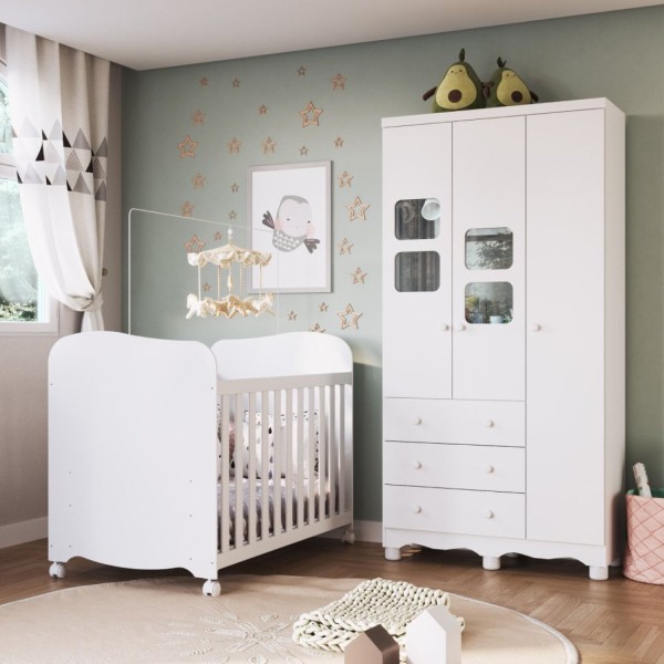 Encontraproduto.com.br - Quarto de Bebê com Guarda Roupa 3 Portas com Janelas e Berço 100% MDF Mimo Espresso Móveis Branco Brilho